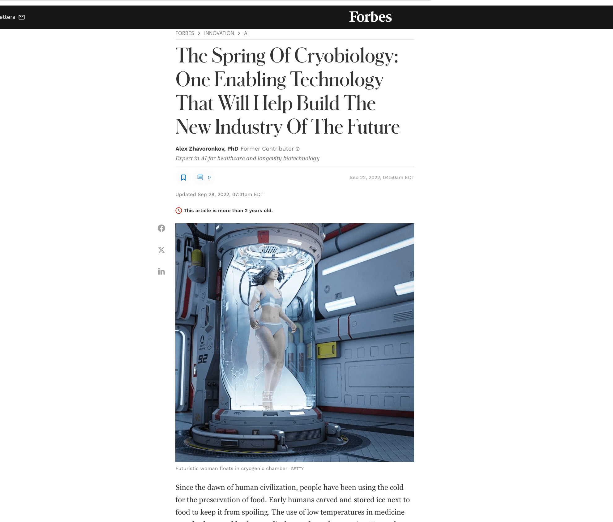 The Spring Of Cryobiology: One Enabling Technology That Will Help Build The New Industry Of The Future