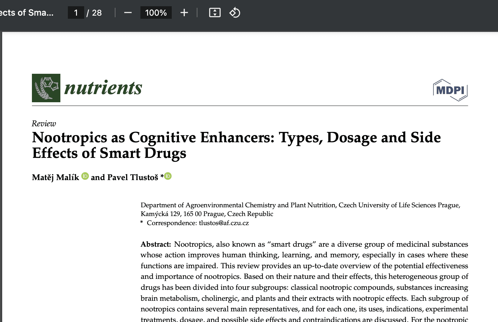 Nootropics as Cognitive Enhancers: Types, Dosage and Side Effects of Smart Drugs